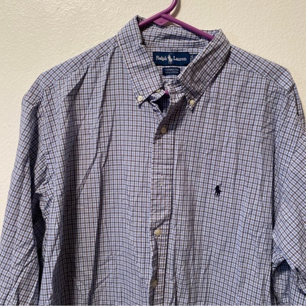 Ralph‎ Lauren Shirt Mens Size 16.5 Yarmouth Blue Plaid Button Down Oxford Pony - Picture 2 of 7